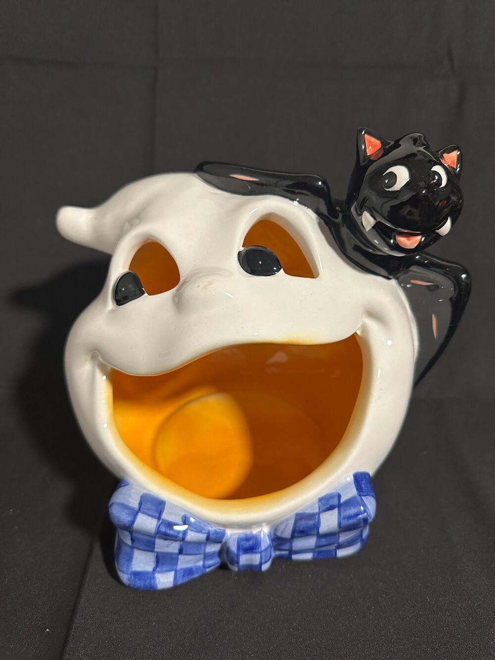 Vintage Ceramic Halloween Ghost Black Cat Candle Holder Luminary 8” Bow Tie